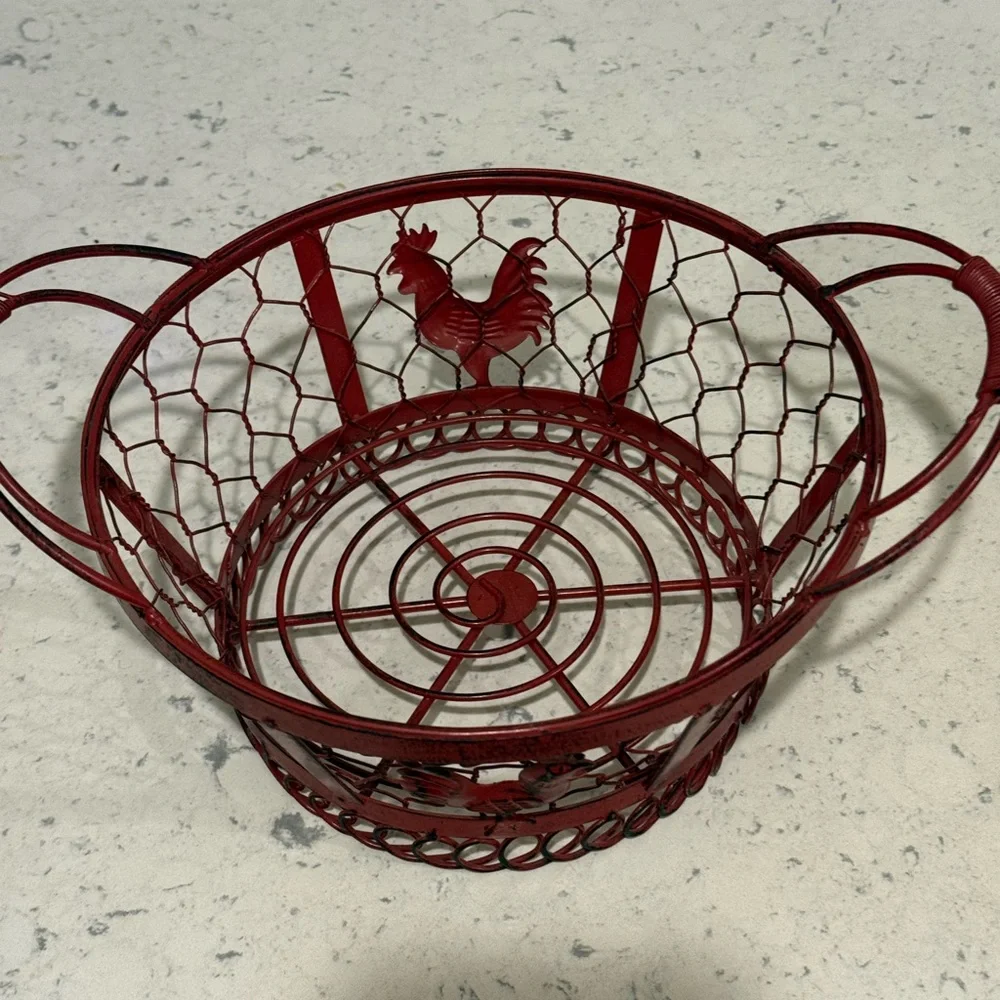 Red Rooster red wired metal basket approximately 7” diameter